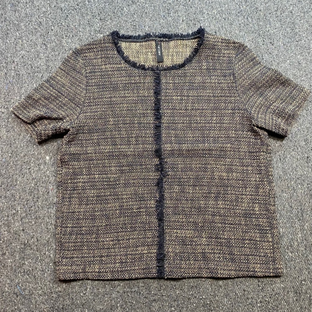 Marc Cain TShirt Sz XL Womens Navy Blue Tweed Fringe Trim CC 48.57 W12 Designer